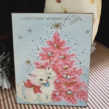 DARLING SHABBY VINTAGE RETRO MOD STYLE CHRISTMAS KITTEN CAT TREE ORNAMENT SIGN