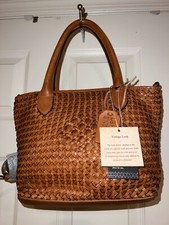 Handcrafted in India Vintage Look Retro LEATHER Hand Woven Tan MD Satchel NWT