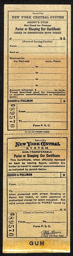 New York Central System RR Parlor / Sleeping Car SAMPLE Ticket c1956 #89570