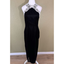 Jessica McClintock Womens 7/8 High Neck Black Velvet Maxi Dress Lace Trim Formal