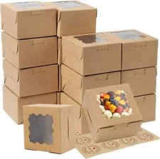 100 PCS Bakery Boxes with Window and Stickers 4X4X3 Inch Individual Cupcake Boxe