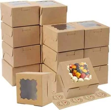 100 PCS Bakery Boxes with Window and Stickers 4X4X3 Inch Individual Cupcake Boxe