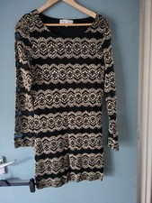 New Look Cameo Rose Size 14 Black Gold Lace Long Sleeve Dress (623/18/v)
