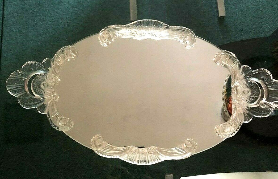 vintage glass dressing table tray With Lace Insert, Vintage Bedroom Decor, Vanity Tray Exceptional Large Glass Pressed Handled