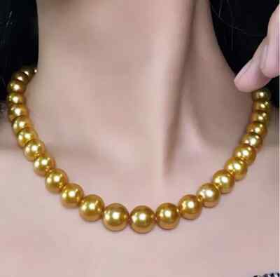 HUGE 18in11-12mm natural south sea genuine gold perfect round pearl necklace 14K