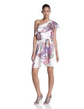  HALSTON Heritage One Sleeve RUFFLE Dress SILK Floral ( 0 )