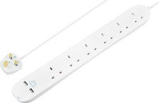 Masterplug 6 Gang Extension Lead with 2 X USB Charging Sockets, 1 Metre, White