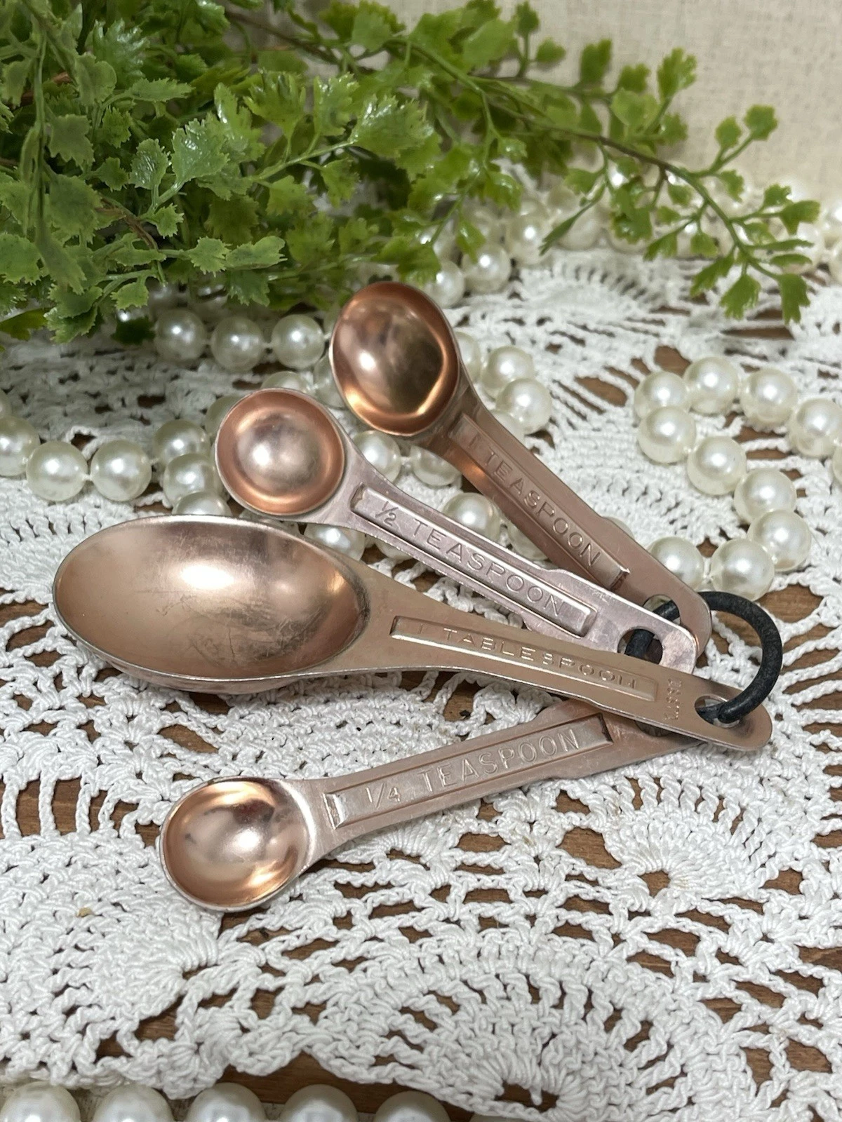 Copper Clad Aluminum Measuring Spoons 1 Tbsp 1 Tsp 1/2 Tsp 1/4 Tsp W/Ring Vtg