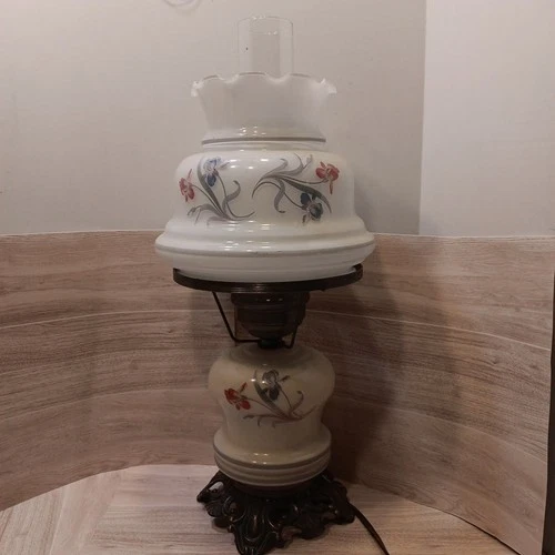 Vintage GWTW Hurricane Parlor 3 Way Table Lamp Milk Glass Floral Key Turn 19”