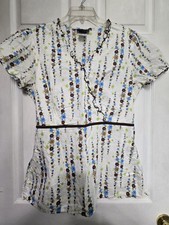 Cherokee Scrub Top size L-Pastel/White Floral Mock Wrap -Chest 22.5"/L 29"