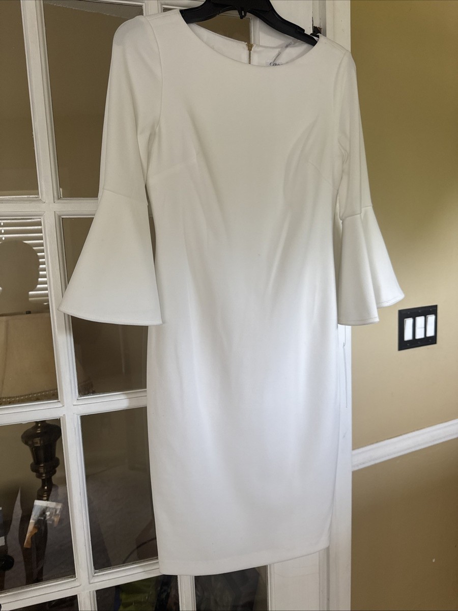 Calvin Klein WINTER WHITE Sheath Dress 3/4 Bell Sleeve Size 4 GOLD EXPOSED ZIP Calvin Klein WINTER WHITE Sheath Dress 3/4 Bell Sleeve Size 4 GOLD EXPOSED ZIP