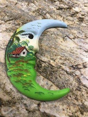Costa Rica Art Painted Pottery Moon Wall Hanger Lisarto Hand Painted Original