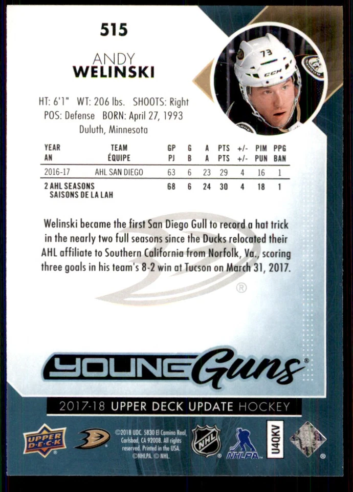 2017-18 SP AUTHENTIC UPPER DECK UPDATE YOUNG GUNS RC ANDY WELINSKI DUCKS #515 - Image 2 of 2