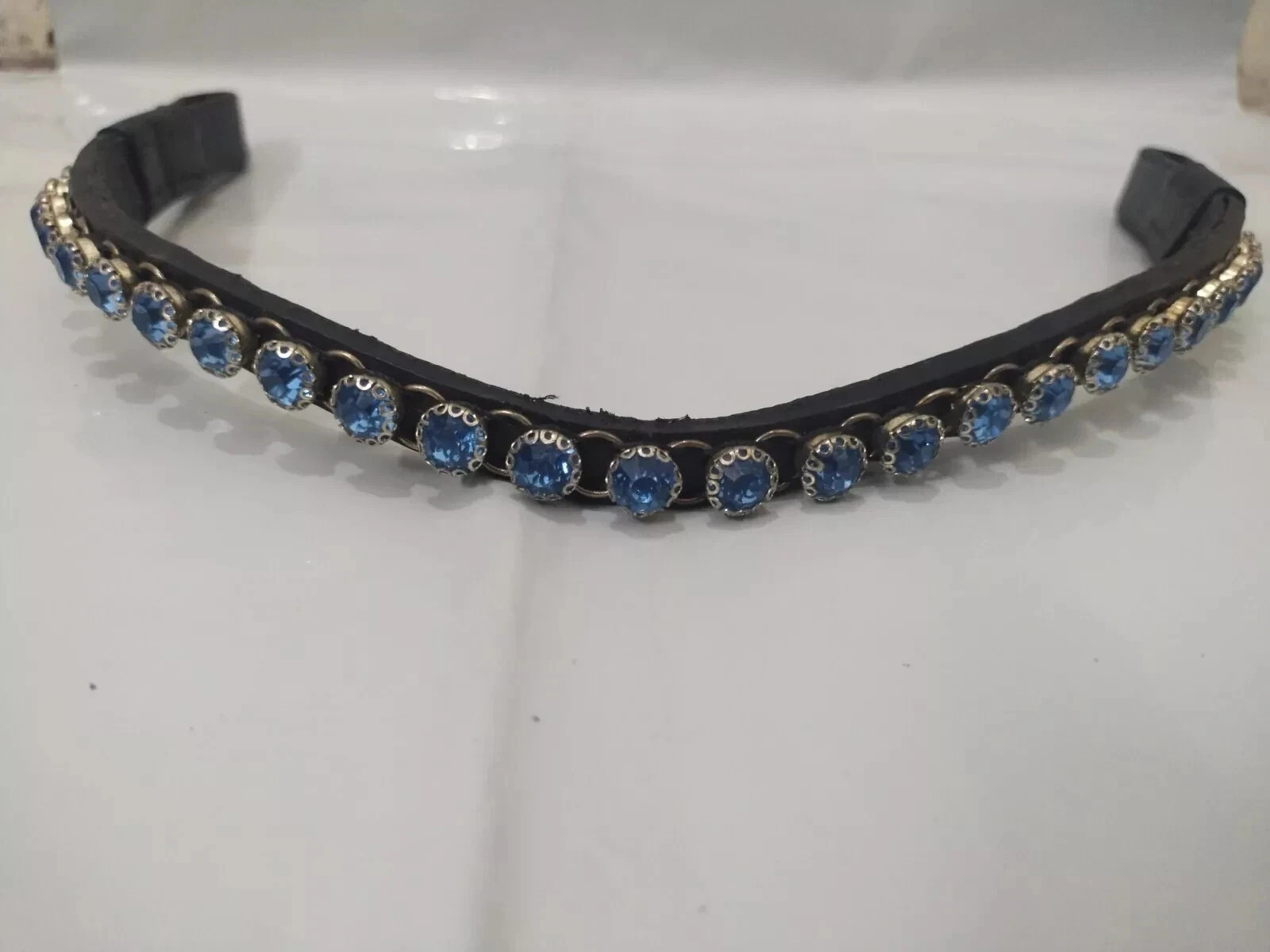 Premium Blue Clear Crystal Leather Bridle Browband For Horses.