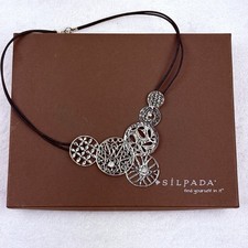 Silpada N2343 Sterling Silver Filigree Art Circles CZ Leather Cord Necklace