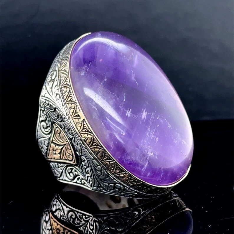 Anillo grande de piedras preciosas de amatista natural grabado en plata 925 para hombre Foto 3 de 4