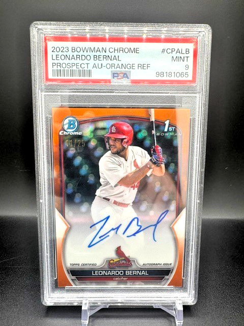 Leonardo Bernal Auto /25 PSA 9 2023 Bowman Chrome 1st True Orange Prospect view 1