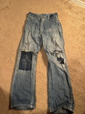 Vintage Boys Distressed Denim Jeans Patches 25x24 Size 10 Wide Leg