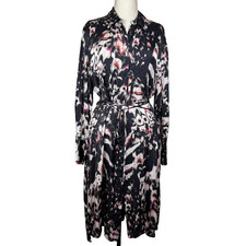 AllSaints Anya Wing Print Dress Womens L Black Belted Button Shirt Midi Satin