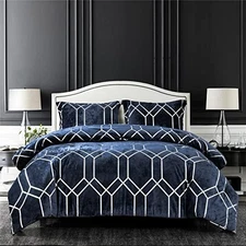  Metallic Print Comforter Set, Distressed Velvet Face with King Navy Silver
