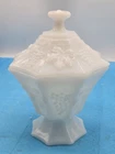 Vtg Anchor Hocking Milk Glass Pedestal Dish with Lid - Grape Pattern**50-13