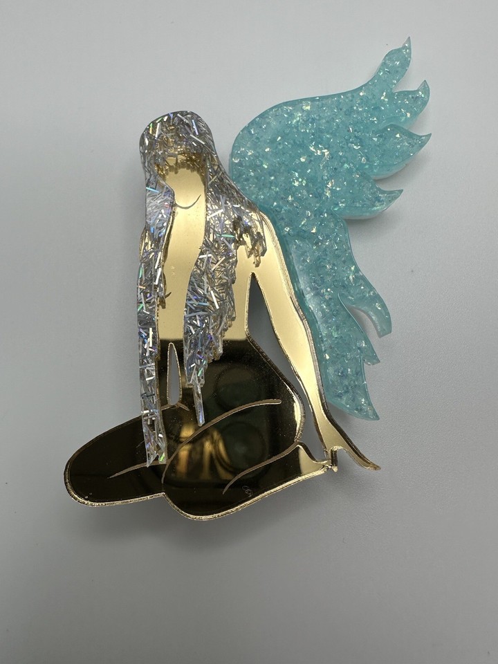 SEXY ANGEL Stripper Woman Female Mirrored Winged Pin Brooch Guinea Pig