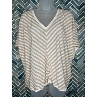 WOMENS CHICOS SZ 0 BEIGE WHITE V STRIPED FLOWY AIRY LINEN BLEND BOXY TOP SMALL