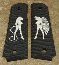1911 Grips - ANGEL/SHE DEVIL - BLACK/WHITE -.45, AMBI, FULL SIZE, CUSTOM LASER