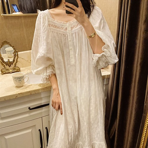 Nightgown Women Summer Autumn Sleepwear Dress White Cotton Womens