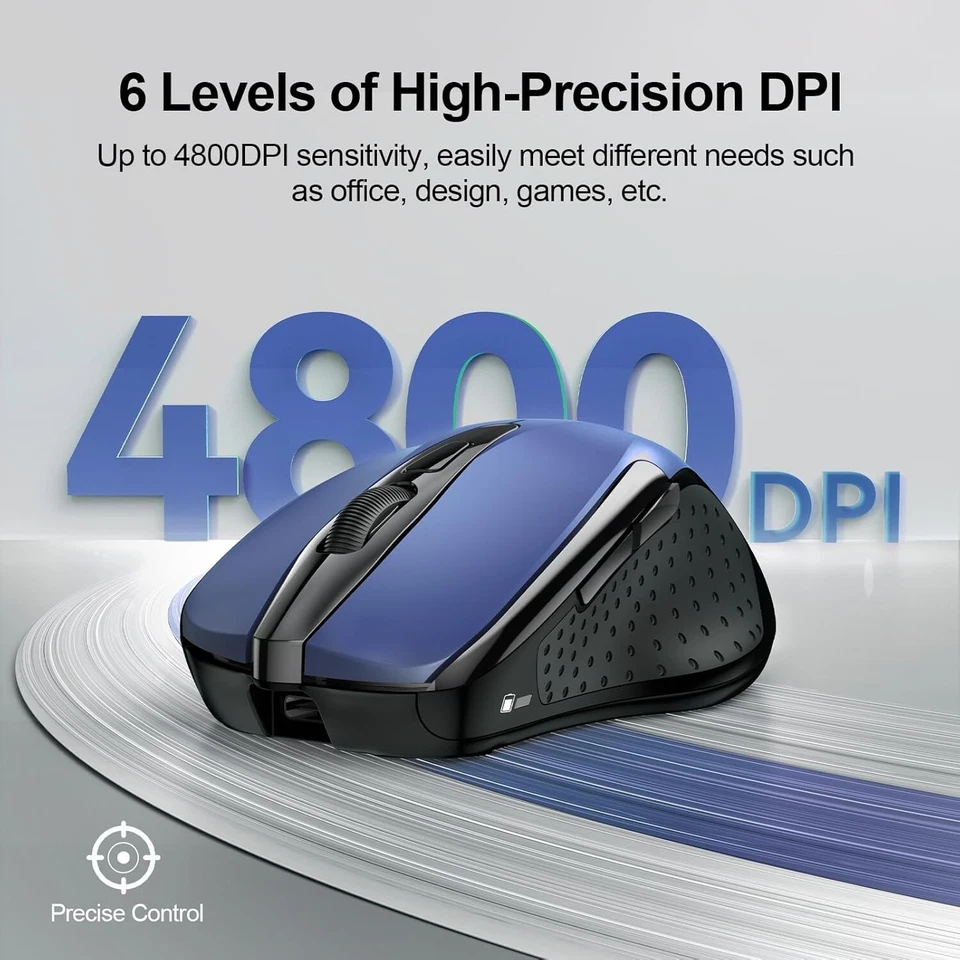 无线鼠标,2.4G 静音鼠标,6 可调 4800 DPI,6 按钮,Ergo-蓝色 — 第 3/4 张图片