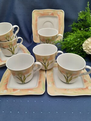 Van Well 6 x Porzellan Kaffeetasse Tassen mit Calla Dekor Stella Geschenk