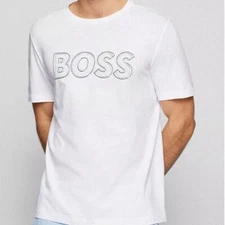 BOSS Hugo Boss Tee 1 T-shirt White Artwork Logo Graphic Size L Crewneck