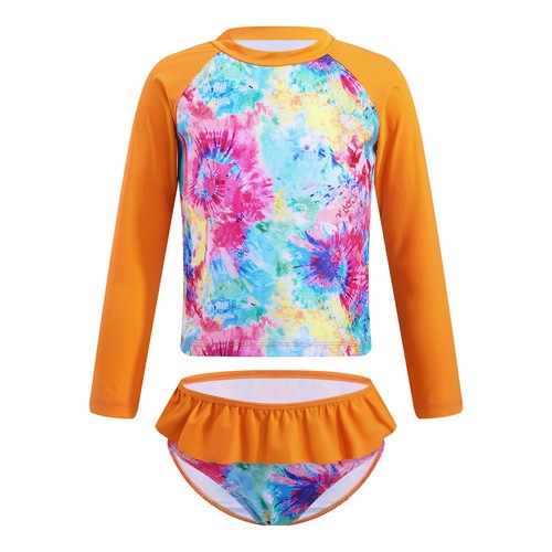 Girls Kids Long Sleeves Swimsuit Rash Guard Bathing Swimwear Printed Suit Set - Picture 67 of 93