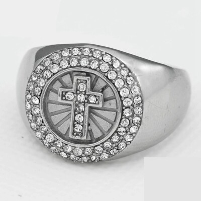Men's Stainless Steel,Cross Cubic Zirconia Wedding Ring #8-13,High Polish Box