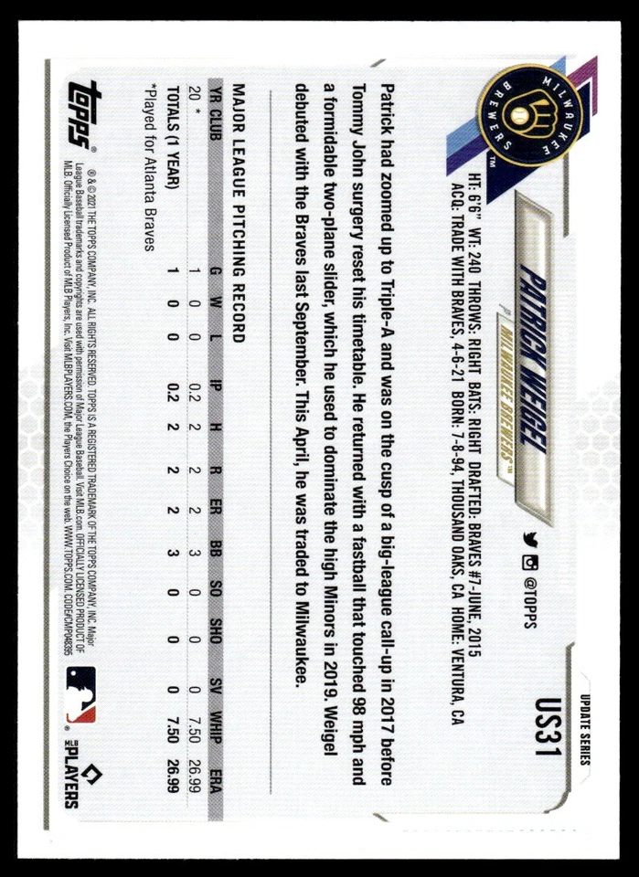 2021 TOPPS UPDATE SILVER FOIL Patrick Weigel Rookie Milwaukee Brewers #US31 - Image 2 of 2