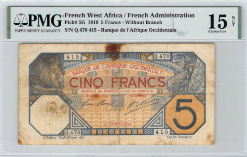 Aof Africa Occidentale Francese 5 Franchi 10.7.1919 (Q) . 470 Pick 5G PMG 15 - 第 1/2 張圖片
