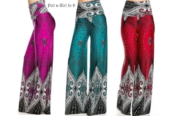 New Womens HIGH WAISTED PINK RED TURQUOISE PEACOCK PAISLEY PALAZZO PANTS S M