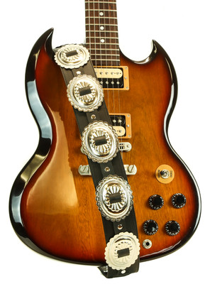 Extra Large Oval Conchos High Quality Leather  Black Guitar Strap