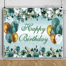 Happy Birthday Backdrop for Women 10x8ft Blue Gold Floral Glitter Birthday Ba...