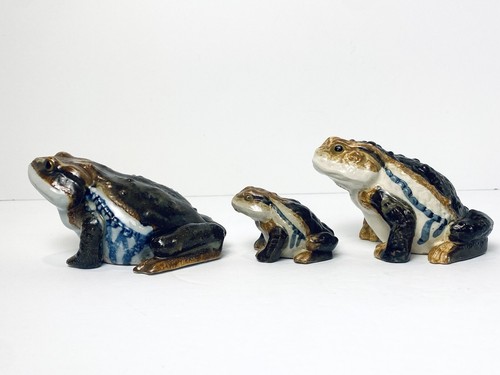 Vintage Otagiri Figurine Frog Toad Hirado Style Set 3 Ceramic Frogs Blue Japan - Picture 10 of 20