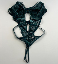 Victoria's Secret Velvet Floral Embroidery Unlined Crotchless Teddy Green XL NWT