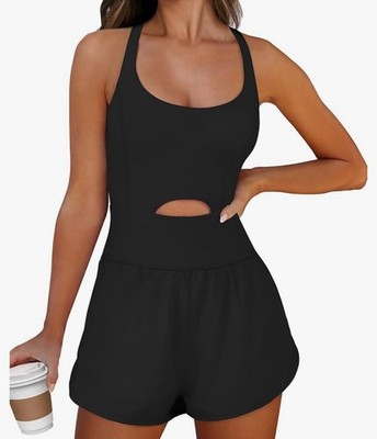 NWT Caracilia Women s Athletic Romper Workout Running Shorts Jumpsuit Black  M