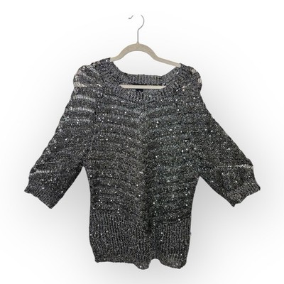 Lauren Michelle Silver Metallic Sequin Open-Knit Sweater Glam Party Top XL