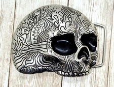 Vintage Silvertone Metal Sugar Skull Belt Buckle Fits 1 1/2" Belts Cool 