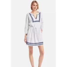 GAP WOMENS SIZE MEDIUM TALL EMBROIDERY SPLIT-NECK SHORT DRESS WHITE BLUE NEW