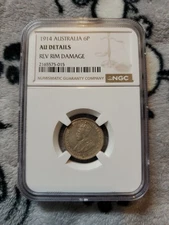 NGC AU 1914 Australia 6 Pence Silver Coin,