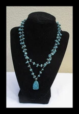 Faux Turquoise Double Stranded Necklace with Stone Pendant 15" with 3" Ext. N043