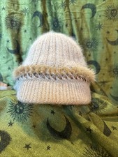 Vintage Knit Newsboy Hat with Fur  Ribbon Accents, Tan, One Size