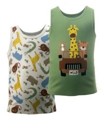 Kinder 2er Pack Unterhemden Jungen Tank Top Safari Tiere 100% Bio-Baumwolle