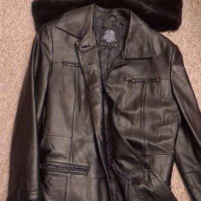 BCBG Damen Ledermantel schwarz lang Gr. 40 mit Gürtel, Knopf, Reißverschluss
